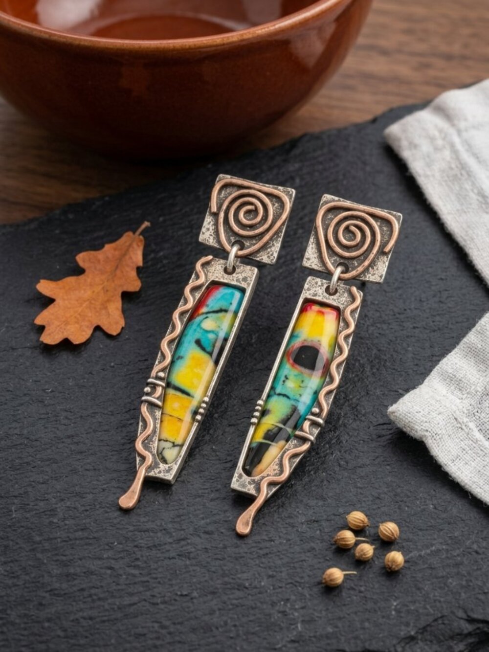 Southwestern Boho Statement Drop Earrings Copper Silver Tone Resin Art 2.2"L